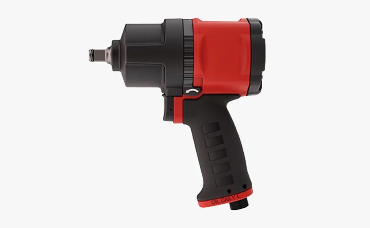 Red and black Air Impact Wrench with ergonomic handle, compact design, and durable housing, ideal for automotive and industrial fastening tasks.