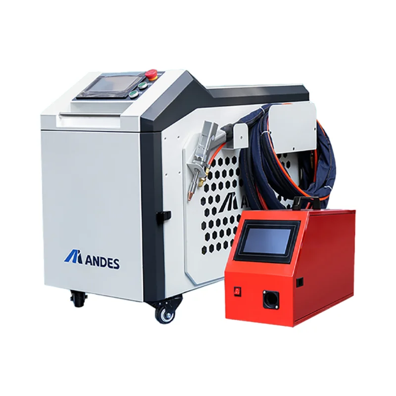 Andes-Laser-Welding-Machine Handheld laser welding machine with integrated control unit, laser welding gun, and cooling system, designed for precise metal welding applications.
