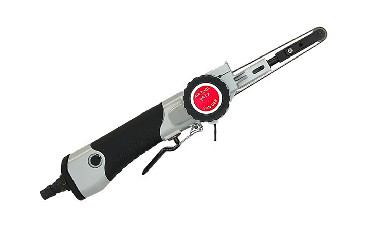 Air belt sander with narrow sanding arm, used for precision grinding and finishing in metalworking and automotive applications.